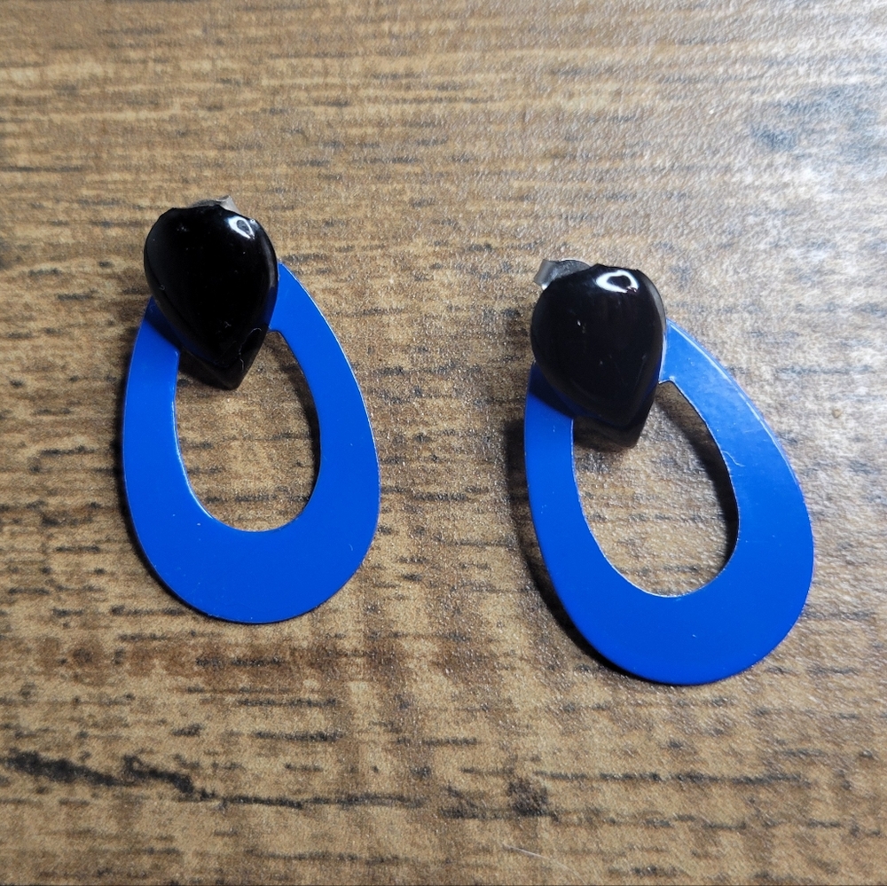 vintage 80s blue and black drop earrings